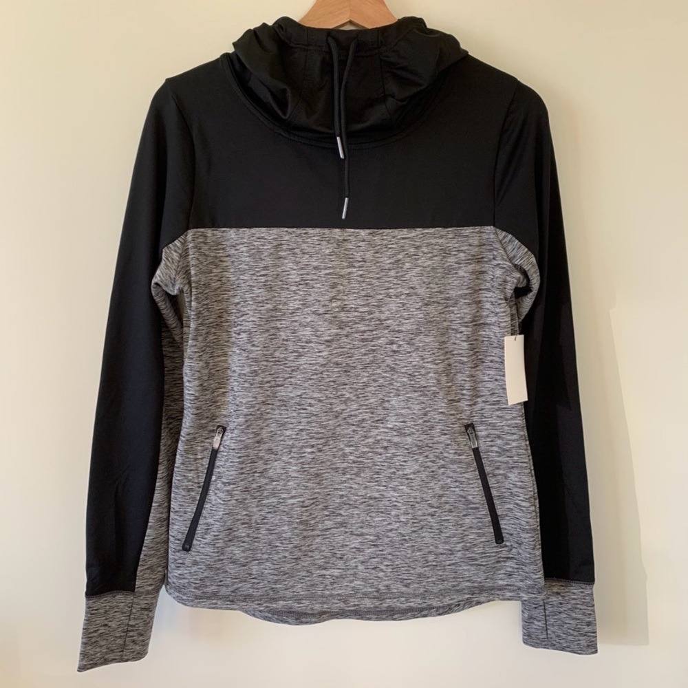 Black Heather Grey Space Dye Funnel Neck Pullover Active Hoodie